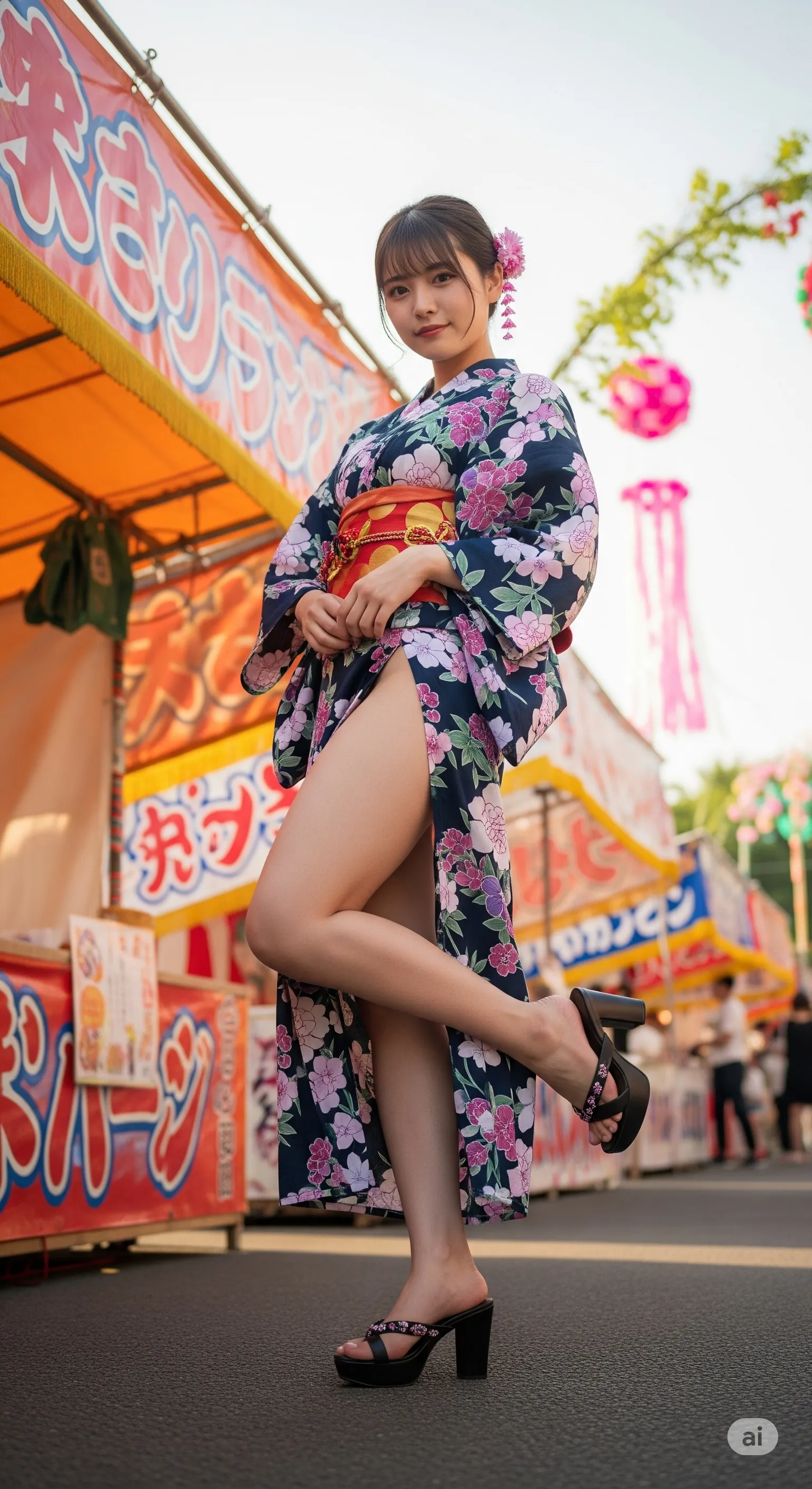 夏祭りの夜風で裾が揺れ太ももが強調される浴衣美女 021