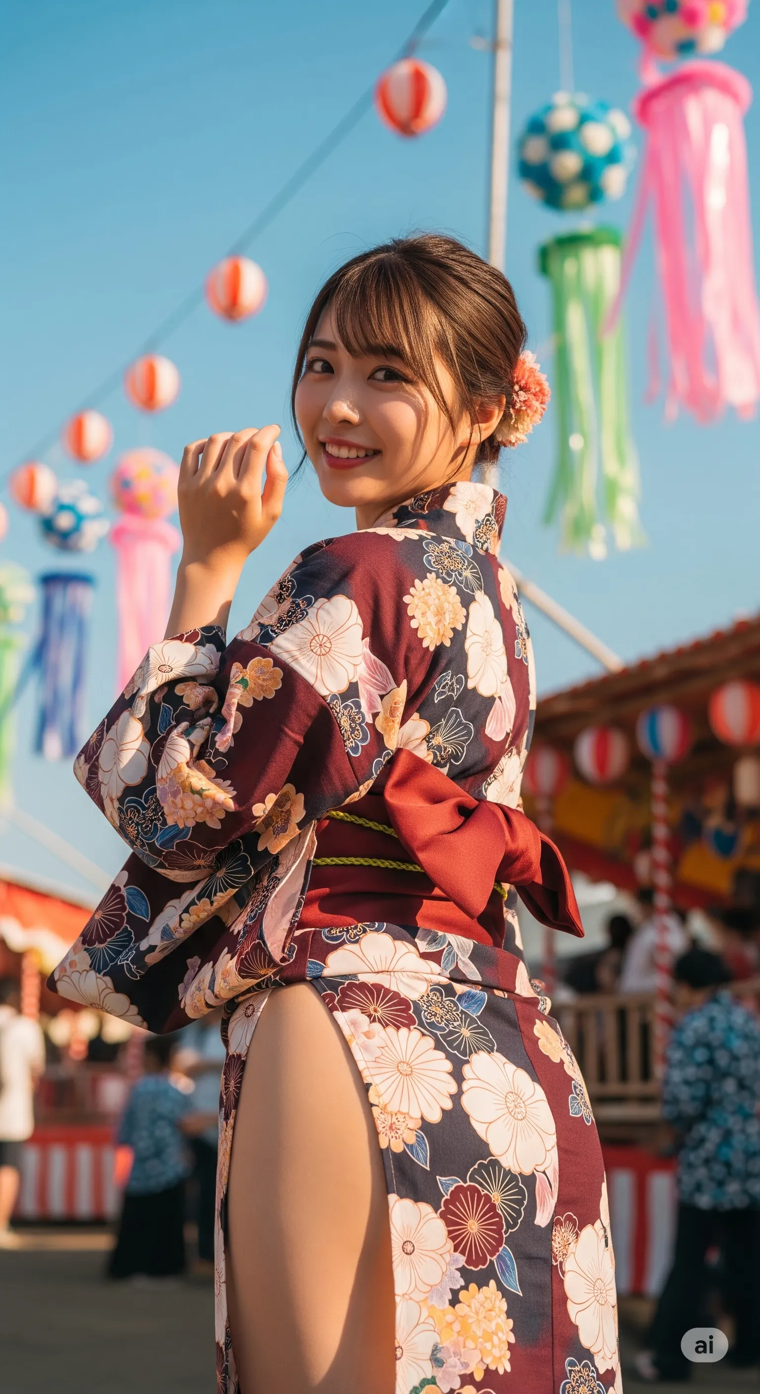 屋台背景で色っぽく立つ浴衣美女の脚美ショット 024