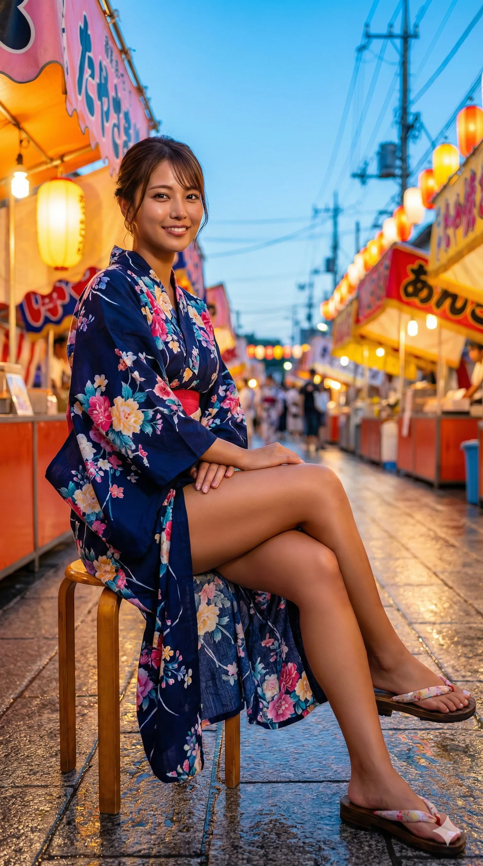 和柄浴衣の裾から覗く太ももに焦点を当てたショット 029