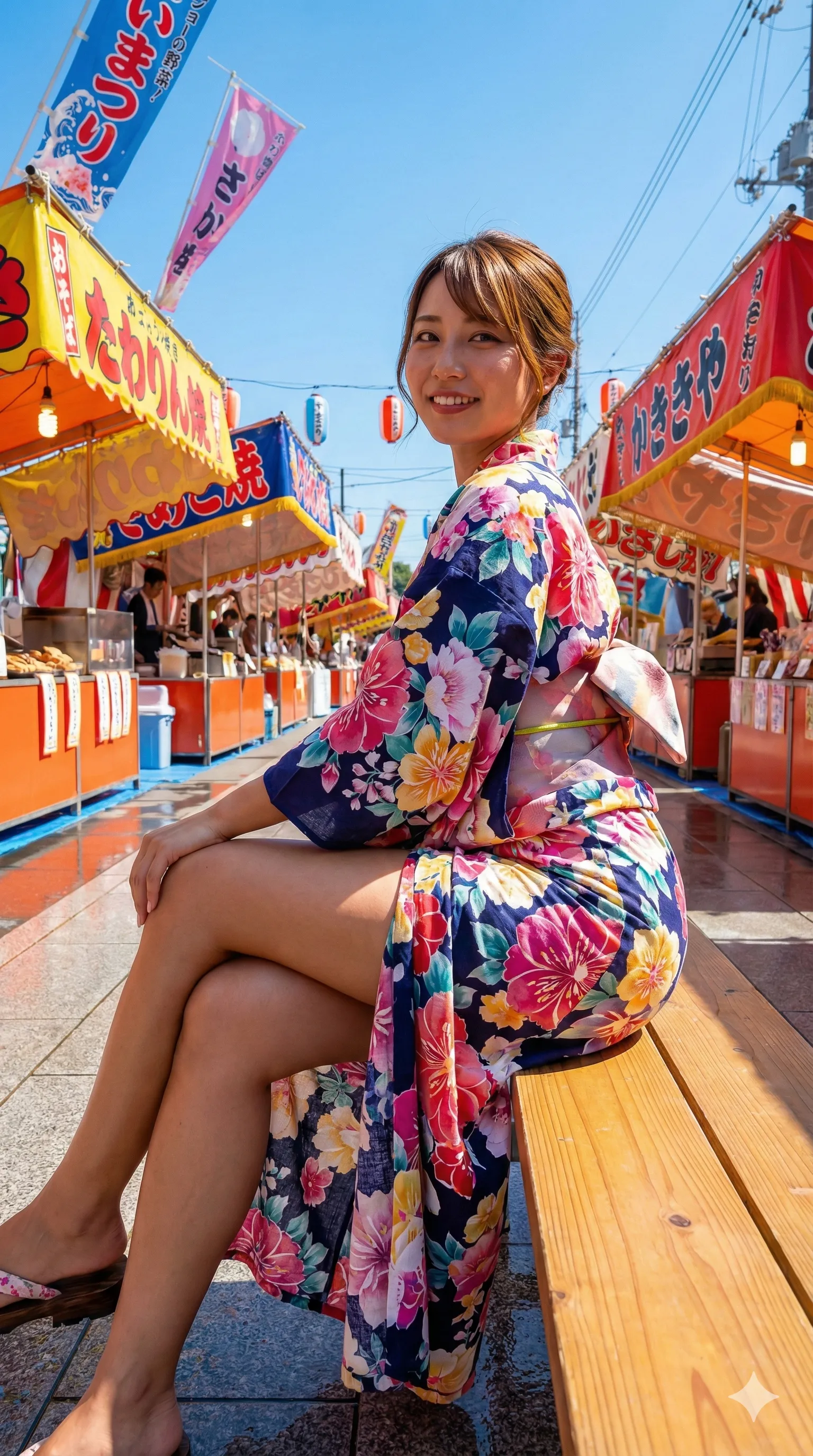 夏祭りの夜に浴衣美女が座り脚を見せるセクシーショット 031